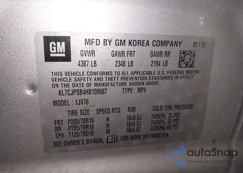 2017 Chevrolet Trax Lt from USA, damaged, VIN KL7CJPSB4HB109687